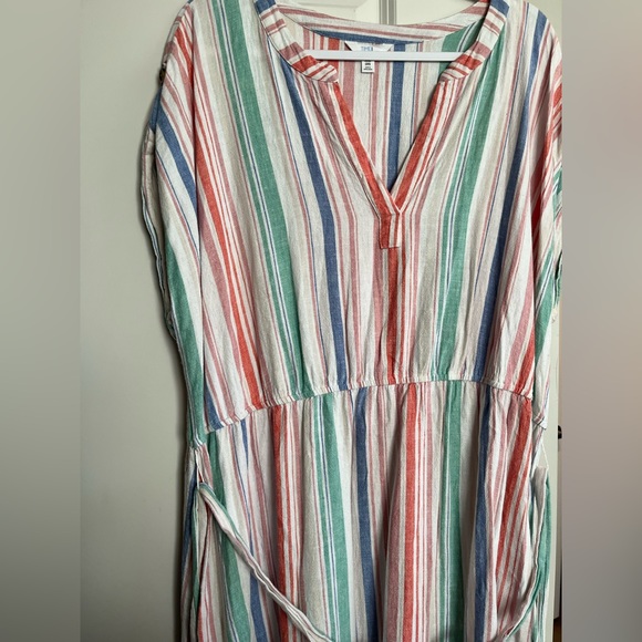 Time and Tru Women's Midi Linen Striped Dress w/ Belt - Picture 2 of 5